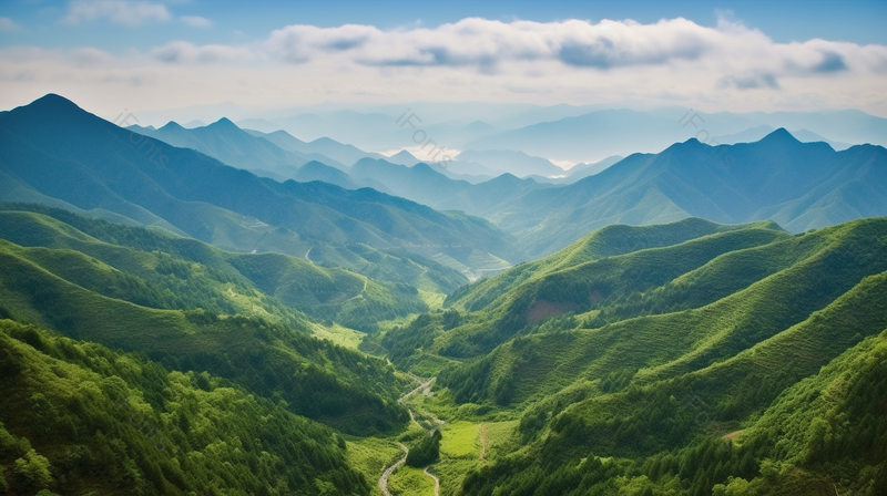 蓝天白云下的绿色绵延不断的山脉,高清,摄影图,摄影图片,图片大全,摄影图免费下载